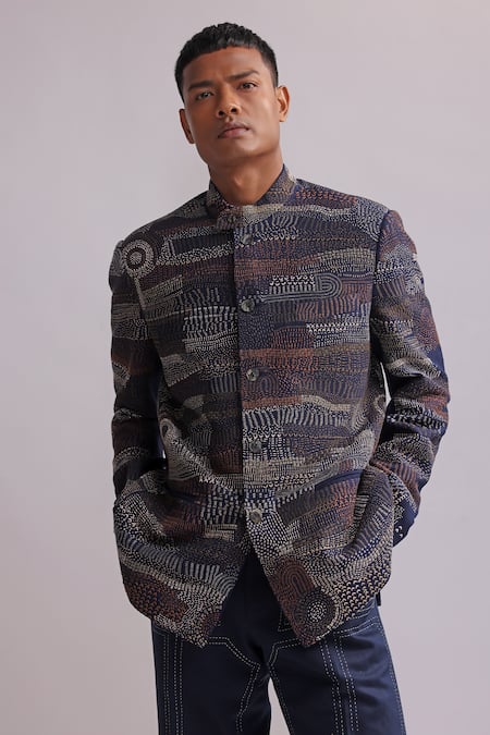 Countrymade_Blue Linen Embroidered Thread Warli Jacket _Online_at_Aza_Fashions