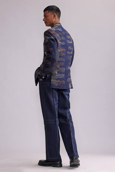 Buy_Countrymade_Blue Linen Embroidered Thread Warli Jacket _Online_at_Aza_Fashions