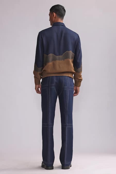 Shop Countrymade Blue Herringbone Patchwork Linen Gradient Jacket at Aza Fashions Shop_Countrymade_Blue Herringbone Patchwork Linen Gradient Jacket _at_Aza_Fashions