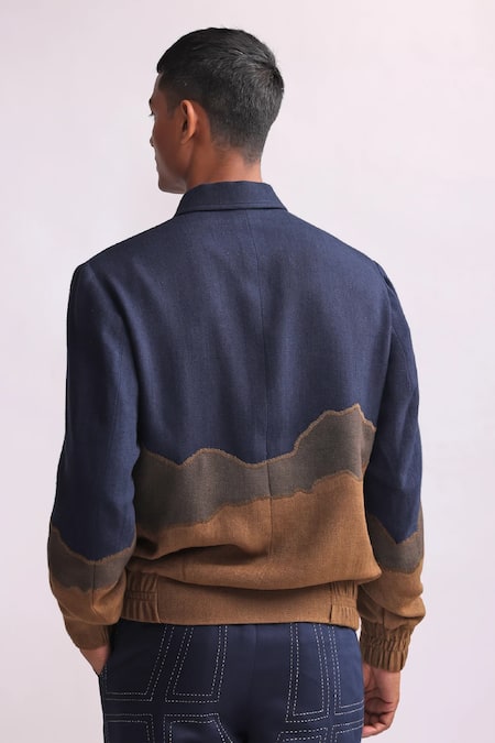Countrymade Blue Herringbone Patchwork Linen Gradient Jacket Online at Aza Fashions Countrymade_Blue Herringbone Patchwork Linen Gradient Jacket _Online_at_Aza_Fashions