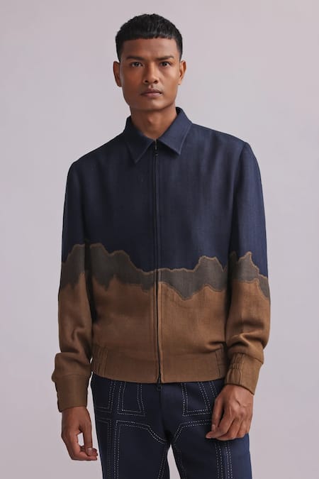 Buy Countrymade Blue Herringbone Patchwork Linen Gradient Jacket Online at Aza Fashions Buy_Countrymade_Blue Herringbone Patchwork Linen Gradient Jacket _Online_at_Aza_Fashions