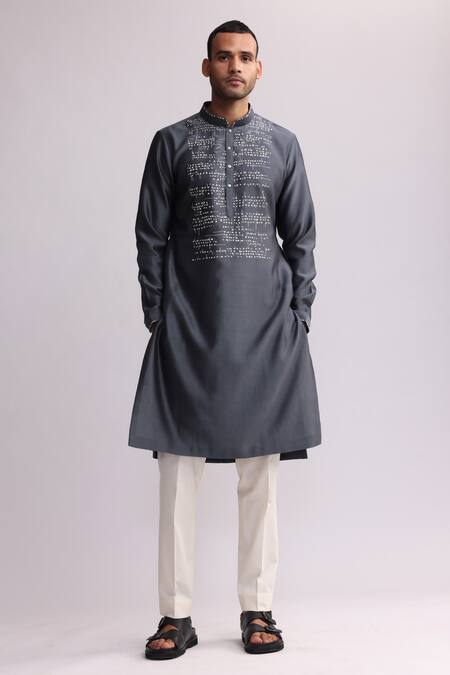 Countrymade Grey Chanderi, Cotton Embroidery Asemic Kurta With Pant 