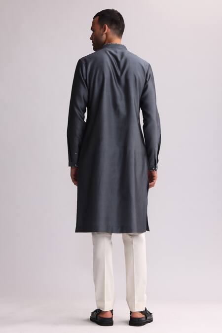 Shop_Countrymade_Grey Chanderi, Cotton Embroidery Asemic Kurta With Pant _at_Aza_Fashions