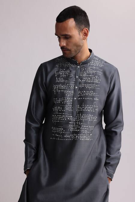 Shop_Countrymade_Grey Chanderi, Cotton Embroidery Asemic Kurta With Pant _Online_at_Aza_Fashions