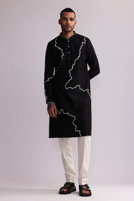 Countrymade Black Chanderi Embroidered Thread Contour Line Kurta With Pant