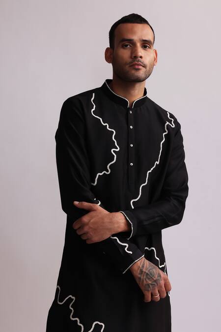 Countrymade Black Chanderi Embroidery Contour Line Threadwork Kurta With Pant Online at Aza Fashions Countrymade_Black Chanderi Embroidery Contour Line Threadwork Kurta With Pant _Online_at_Aza_Fashions