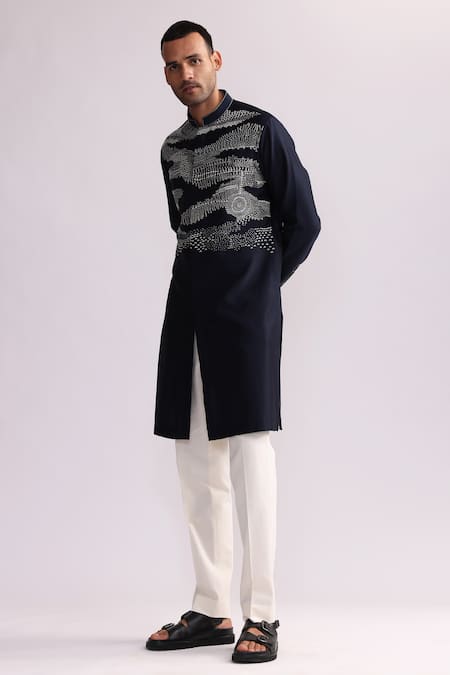 Countrymade Blue Chanderi, Cotton Embroidery Trail Dust Abstract Kurta With Pant Online at Aza Fashions Countrymade_Blue Chanderi, Cotton Embroidery Trail Dust Abstract Kurta With Pant _Online_at_Aza_Fashions