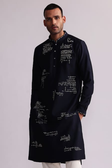 Countrymade_Blue Chanderi Embroidery Asemic Threadwork Kurta With Pant _Online_at_Aza_Fashions
