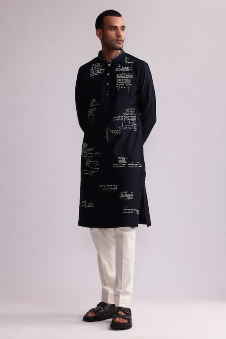 Buy_Countrymade_Blue Chanderi Embroidery Asemic Threadwork Kurta With Pant _Online_at_Aza_Fashions