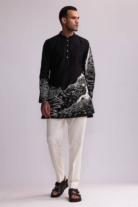 Countrymade Black Chanderi Embroidered Thread Canyon Short Kurta With Pant 