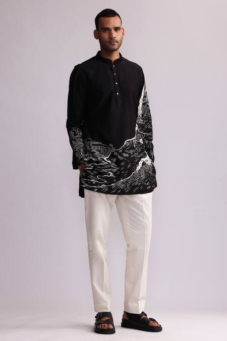 Countrymade Black Chanderi Embroidery Canyon Threadwork Short Kurta With Pant Online at Aza Fashions Countrymade_Black Chanderi Embroidery Canyon Threadwork Short Kurta With Pant _Online_at_Aza_Fashions