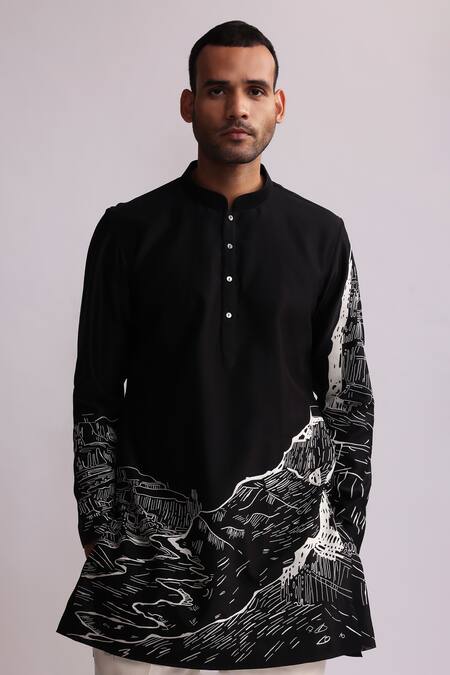 Shop Countrymade Black Chanderi Embroidery Canyon Threadwork Short Kurta With Pant Online at Aza Fashions Shop_Countrymade_Black Chanderi Embroidery Canyon Threadwork Short Kurta With Pant _Online_at_Aza_Fashions