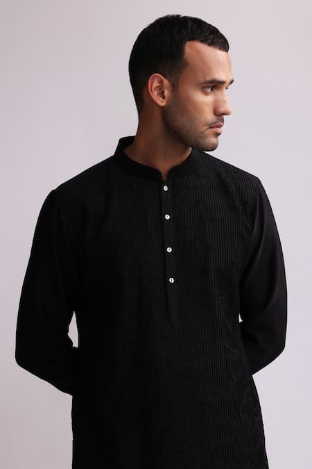 Countrymade_Black Chanderi Embroidery Contour Line Pintuck Kurta With Pant _Online_at_Aza_Fashions