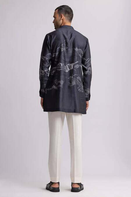 Shop_Countrymade_Black Silk Dunkirk Printed Short Kurta _at_Aza_Fashions