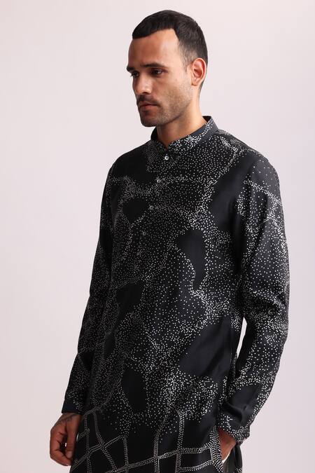 Countrymade_Black Silk Normandy Dot Print Kurta _Online_at_Aza_Fashions