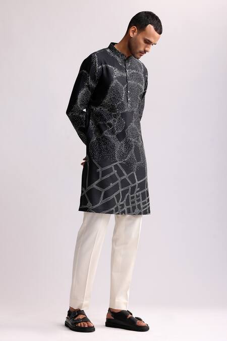Buy_Countrymade_Black Silk Normandy Dot Print Kurta _Online_at_Aza_Fashions