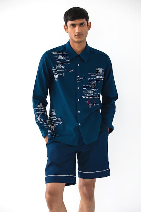 Countrymade_Blue Cotton Denim Embroidered Thread Asemic Shirt _Online_at_Aza_Fashions