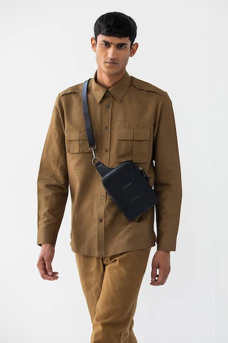 Countrymade Brown Linen Patchwork Ladder Shirt Online at Aza Fashions Countrymade_Brown Linen Patchwork Ladder Shirt _Online_at_Aza_Fashions