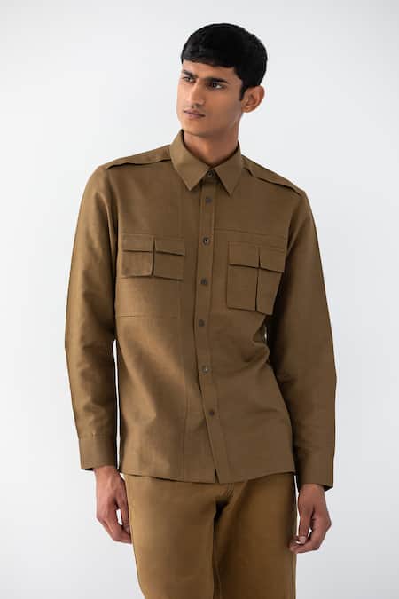 Shop Countrymade Brown Linen Patchwork Ladder Shirt Online at Aza Fashions Shop_Countrymade_Brown Linen Patchwork Ladder Shirt _Online_at_Aza_Fashions
