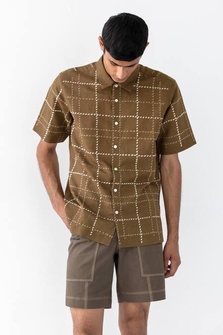 Countrymade Brown Linen Embroidered Thread Military Tartan Shirt Online at Aza Fashions Countrymade_Brown Linen Embroidered Thread Military Tartan Shirt _Online_at_Aza_Fashions