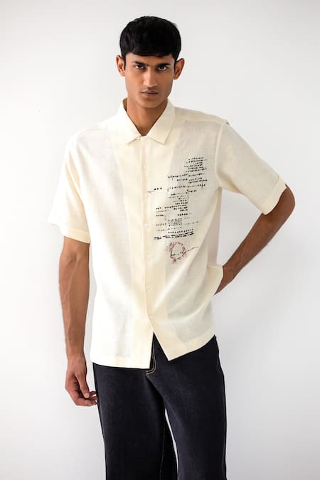 Countrymade_Ivory Matka Embroidered Asemic Writing Shirt _Online_at_Aza_Fashions