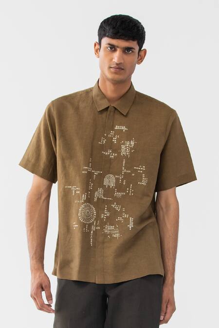Countrymade Brown Linen Embroidered Thread Trail Dust Shirt Online at Aza Fashions Countrymade_Brown Linen Embroidered Thread Trail Dust Shirt _Online_at_Aza_Fashions