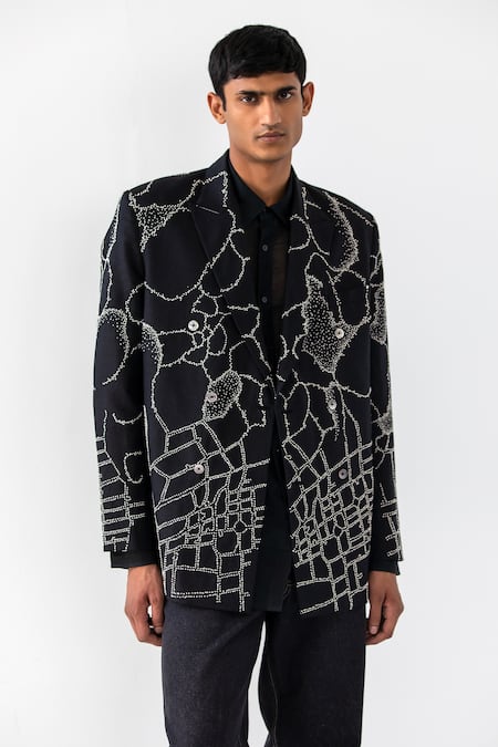 Countrymade_Black Linen Embroidered Thread Normandy Double Breasted Blazer _Online_at_Aza_Fashions