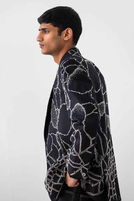 Buy_Countrymade_Black Linen Embroidered Thread Normandy Double Breasted Blazer _Online_at_Aza_Fashions