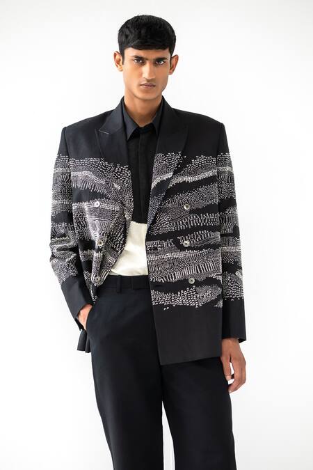 Countrymade Black Linen Embroidered Thread Trail Dust Double Breasted Blazer Online at Aza Fashions Countrymade_Black Linen Embroidered Thread Trail Dust Double Breasted Blazer _Online_at_Aza_Fashions