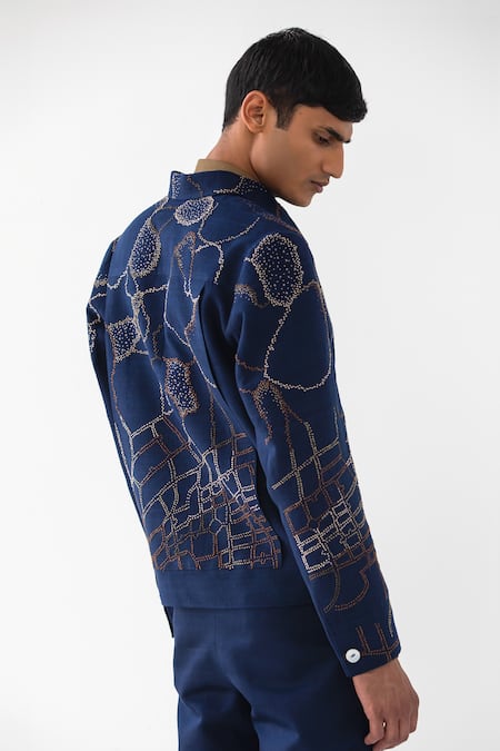 Shop_Countrymade_Blue Linen Embroidered Thread Normandy Short Jacket _at_Aza_Fashions