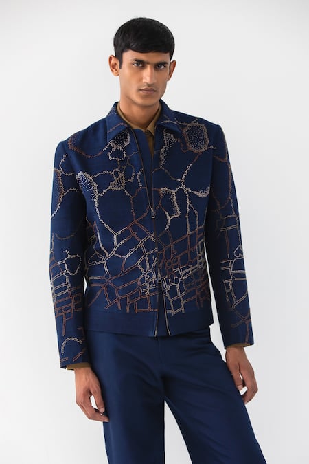 Countrymade_Blue Linen Embroidered Thread Normandy Short Jacket _Online_at_Aza_Fashions
