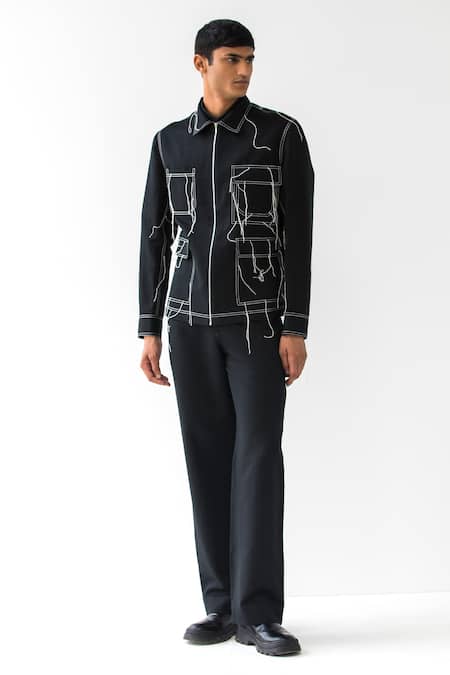 Shop Countrymade Black Linen Stitch Detail Thread Warrior Zipper Embroidered Jacket at Aza Fashions Shop_Countrymade_Black Linen Stitch Detail Thread Warrior Zipper Embroidered Jacket _at_Aza_Fashions
