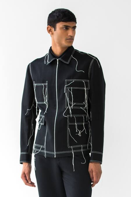 Countrymade Black Linen Stitch Detail Thread Warrior Zipper Embroidered Jacket Online at Aza Fashions Countrymade_Black Linen Stitch Detail Thread Warrior Zipper Embroidered Jacket _Online_at_Aza_Fashions
