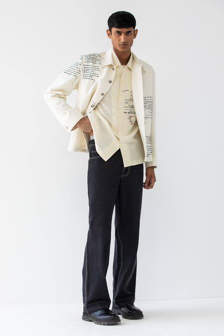 Shop_Countrymade_Cream Handloom Denim Embroidered Thread Asemic Jacket _at_Aza_Fashions