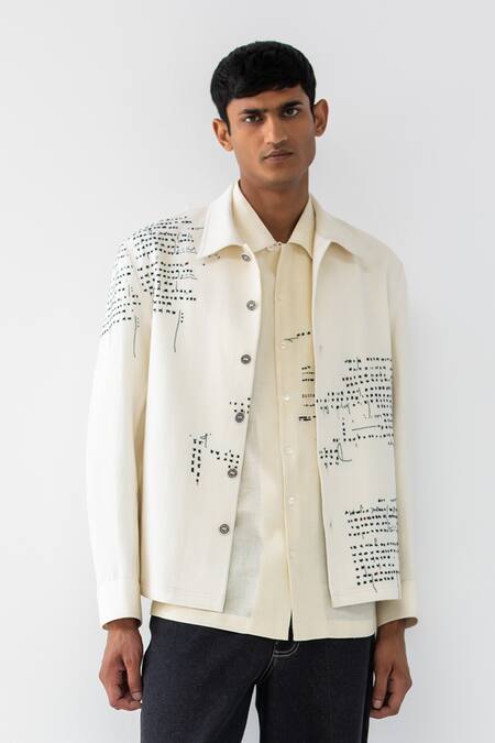 Countrymade_Cream Handloom Denim Embroidered Thread Asemic Jacket _Online_at_Aza_Fashions