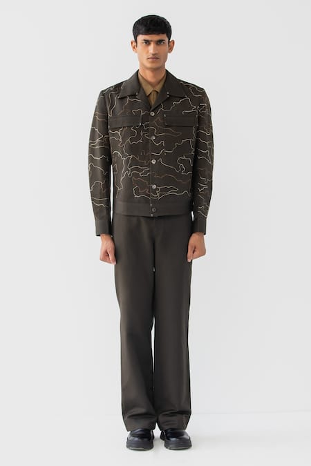 Shop Countrymade Brown Linen Embroidered Thread Citadel Short Jacket at Aza Fashions Shop_Countrymade_Brown Linen Embroidered Thread Citadel Short Jacket _at_Aza_Fashions