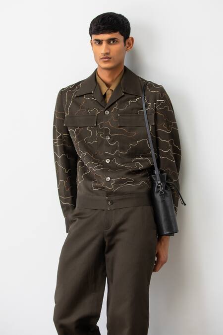 Countrymade Brown Linen Embroidered Thread Citadel Short Jacket Online at Aza Fashions Countrymade_Brown Linen Embroidered Thread Citadel Short Jacket _Online_at_Aza_Fashions