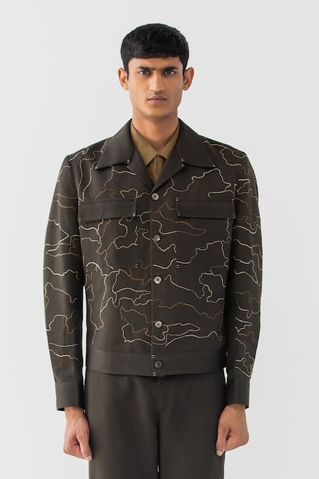 Buy Countrymade Brown Linen Embroidered Thread Citadel Short Jacket Online at Aza Fashions Buy_Countrymade_Brown Linen Embroidered Thread Citadel Short Jacket _Online_at_Aza_Fashions