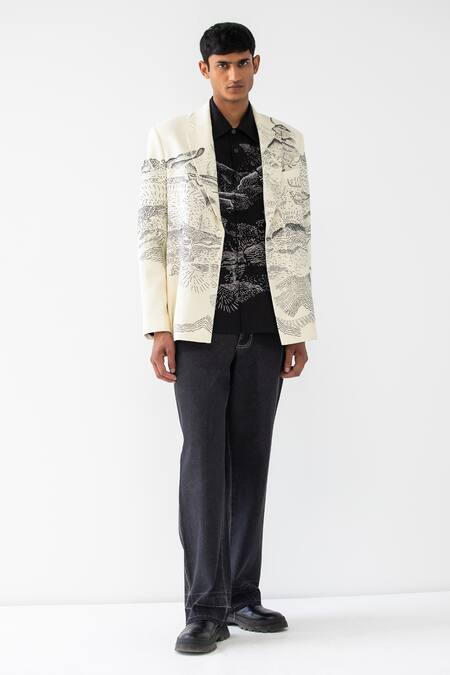 Countrymade_Cream Matka Silk Embroidered Thread Dunkirk Single Breasted Blazer _Online_at_Aza_Fashions