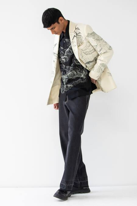 Buy_Countrymade_Cream Matka Silk Embroidered Thread Dunkirk Single Breasted Blazer _Online_at_Aza_Fashions