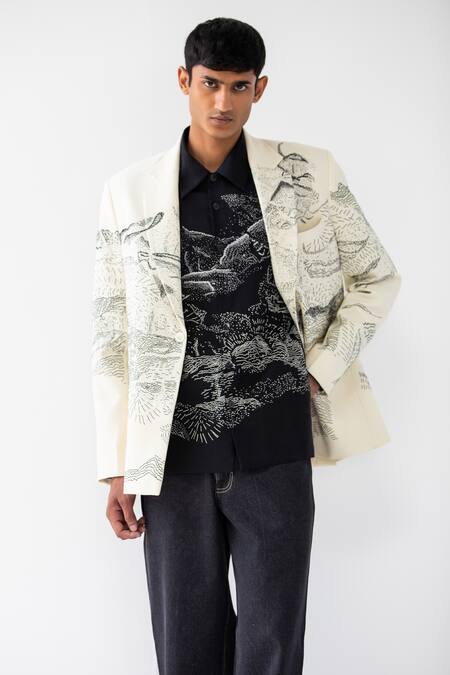 Shop_Countrymade_Cream Matka Silk Embroidered Thread Dunkirk Single Breasted Blazer _Online_at_Aza_Fashions