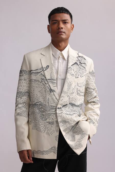 Countrymade_Cream Matka Silk Embroidered Thread Dunkirk Single Breasted Blazer _at_Aza_Fashions