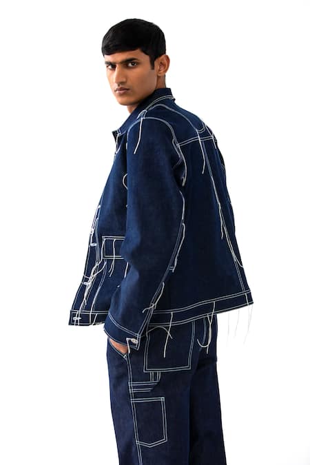 Shop_Countrymade_Blue Denim Embroidered Thread Warrior Jacket _at_Aza_Fashions