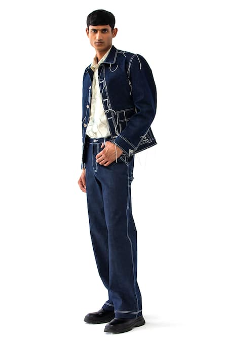 Countrymade_Blue Denim Embroidered Thread Warrior Jacket _Online_at_Aza_Fashions