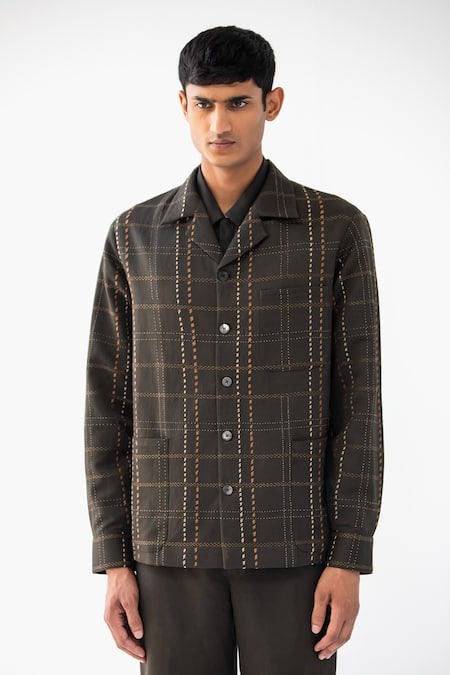 Shop Countrymade Brown Linen Cotton Twill Embroidered Thread Military Tartan Jacket at Aza Fashions Shop_Countrymade_Brown Linen Cotton Twill Embroidered Thread Military Tartan Jacket _at_Aza_Fashions