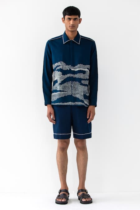 Shop Countrymade Blue Cotton Denim Embroidered Thread Trail Dust Overshirt at Aza Fashions Shop_Countrymade_Blue Cotton Denim Embroidered Thread Trail Dust Overshirt _at_Aza_Fashions