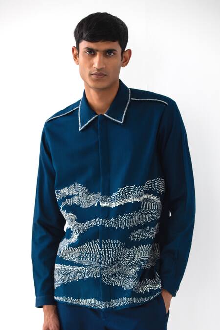 Countrymade Blue Cotton Denim Embroidered Thread Trail Dust Overshirt Online at Aza Fashions Countrymade_Blue Cotton Denim Embroidered Thread Trail Dust Overshirt _Online_at_Aza_Fashions
