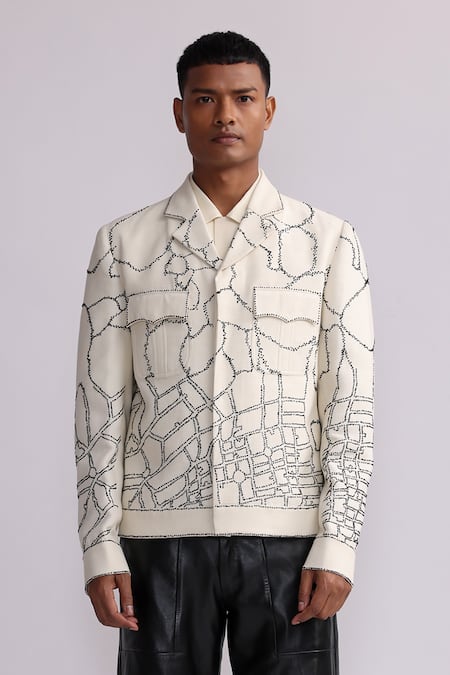 Countrymade White Matka Silk Embroidered Thread Land Meta Short Jacket Online at Aza Fashions Countrymade_White Matka Silk Embroidered Thread Land Meta Short Jacket _Online_at_Aza_Fashions