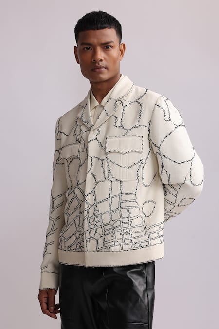 Buy Countrymade White Matka Silk Embroidered Thread Land Meta Short Jacket Online at Aza Fashions Buy_Countrymade_White Matka Silk Embroidered Thread Land Meta Short Jacket _Online_at_Aza_Fashions