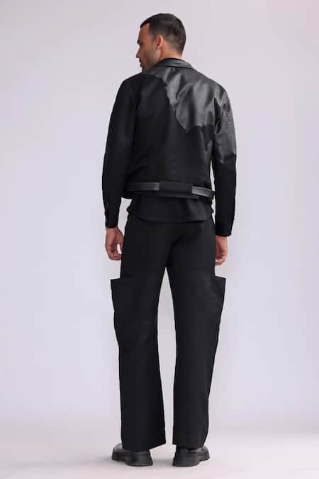 Shop_Countrymade_Black Leather, Linen Harbour Patch Short Jacket _at_Aza_Fashions